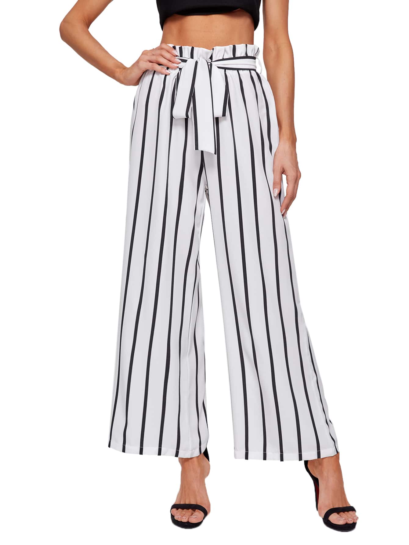 Women Casual Elastic Waist Wide Leg Striped Pants